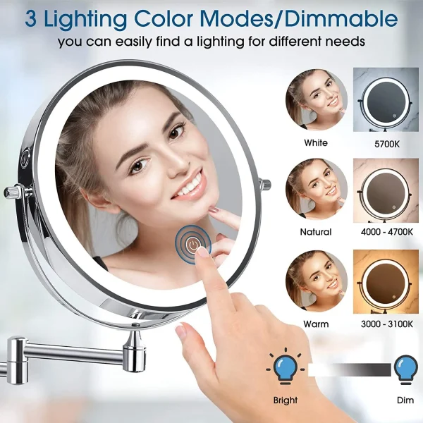 Hot sale Wall Mounted Vanity Bathroom Bath Makeup Mirror with LED Swivel Folding Lighted 1X/5X Magnification Cosmetic Mirror - Image 4