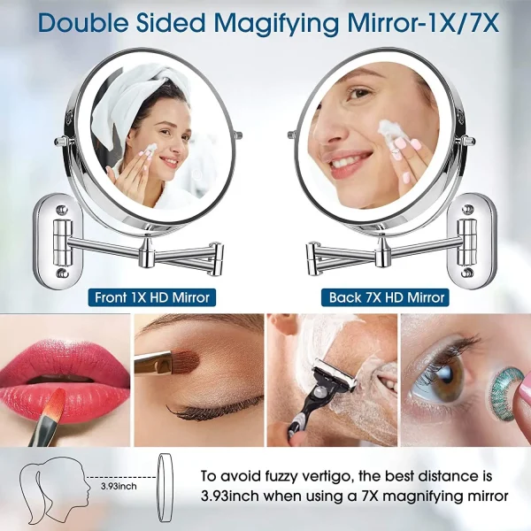 Hot sale Wall Mounted Vanity Bathroom Bath Makeup Mirror with LED Swivel Folding Lighted 1X/5X Magnification Cosmetic Mirror - Image 5