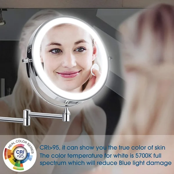 Hot sale Wall Mounted Vanity Bathroom Bath Makeup Mirror with LED Swivel Folding Lighted 1X/5X Magnification Cosmetic Mirror - Image 2
